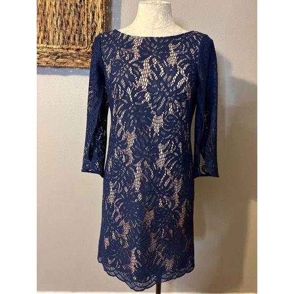 Lilly Pulitzer Dress S Small Blue Stretch 3/4 Sleeve Shift V Back Party Cruise - Picture 3 of 8